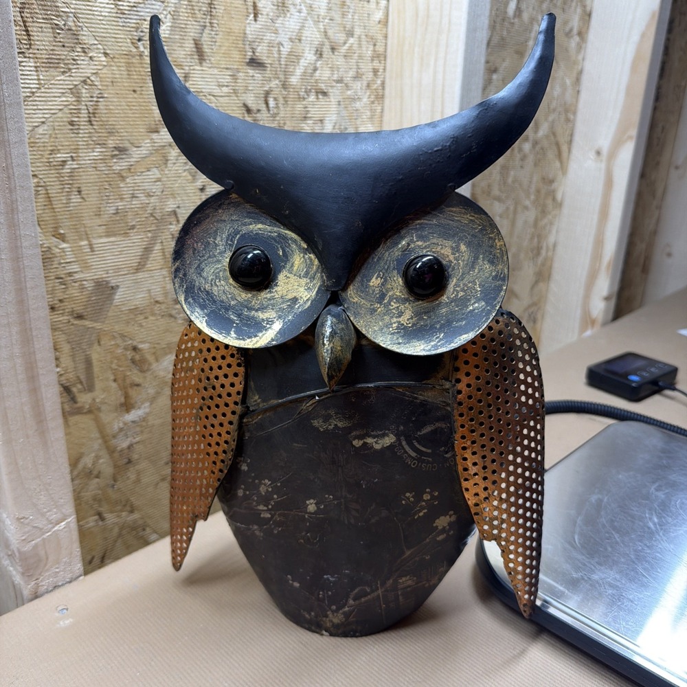 Vtg Brutalist 14" Metal Owl Glass Eyes Home Garden Decor